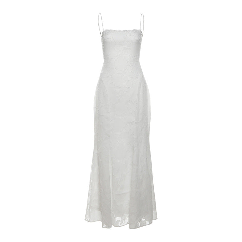 Elegant White Spaghetti Strap Backless Dress