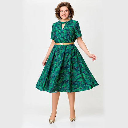 Women’s Short-Sleeve Print Cutout Dress with Belt