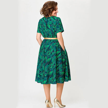 Women’s Short-Sleeve Print Cutout Dress with Belt