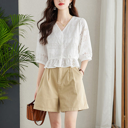 Women’s Half Sleeve V-Neck Eyelet Solid Tops