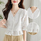 Women’s Half Sleeve V-Neck Eyelet Solid Tops