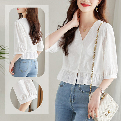 Women’s Half Sleeve V-Neck Eyelet Solid Tops
