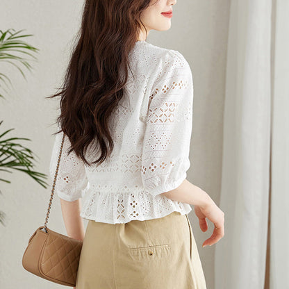 Women’s Half Sleeve V-Neck Eyelet Solid Tops