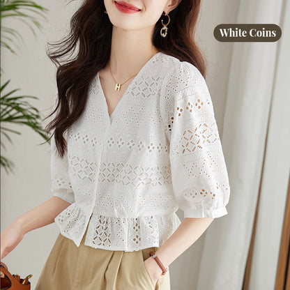Women’s Half Sleeve V-Neck Eyelet Solid Tops