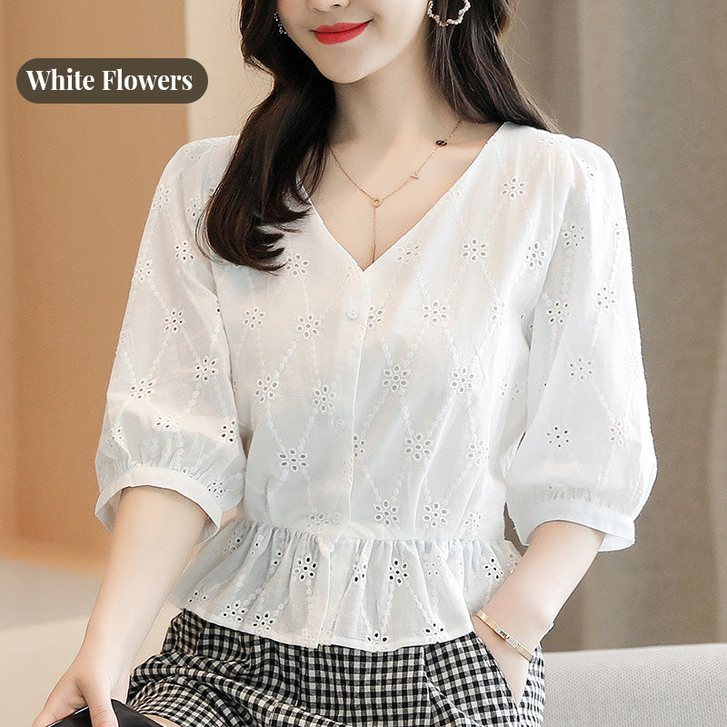 Women’s Half Sleeve V-Neck Eyelet Solid Tops