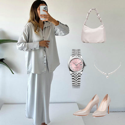 Shirt & Pleated Midi Skirt 2-Piece Set