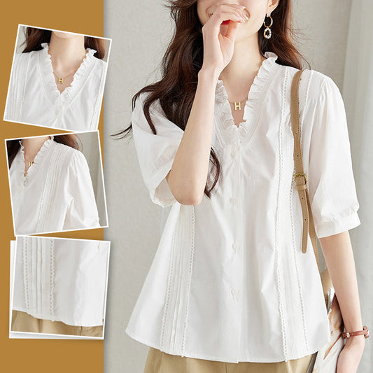 Women's Elegant V Neck Loose Fit White Blouse