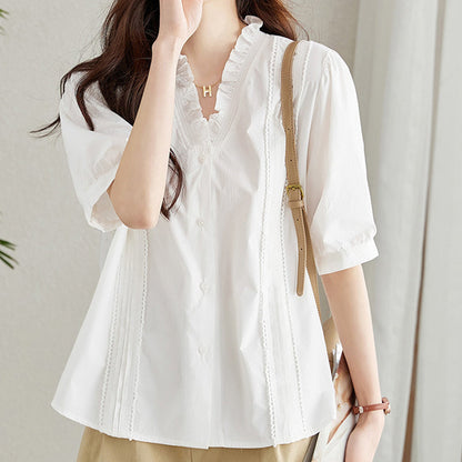 Women's Elegant V Neck Loose Fit White Blouse