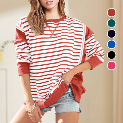 Stylish Round Neck Striped Colorblocking Tops