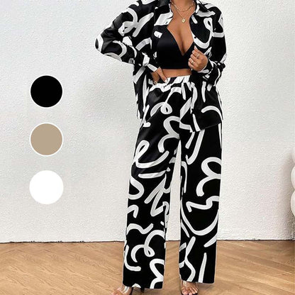 Lapel Print Tops ＆ Wide-Leg Pants 2-Piece Set