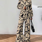 Lapel Print Tops ＆ Wide-Leg Pants 2-Piece Set