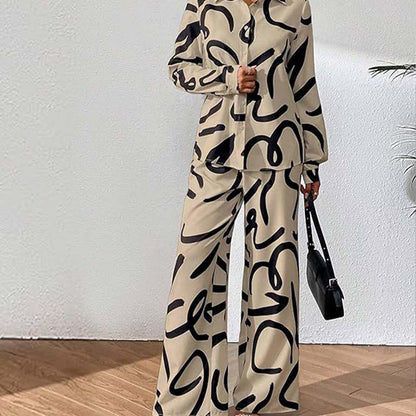 Lapel Print Tops ＆ Wide-Leg Pants 2-Piece Set
