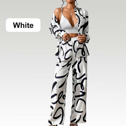 Lapel Print Tops ＆ Wide-Leg Pants 2-Piece Set