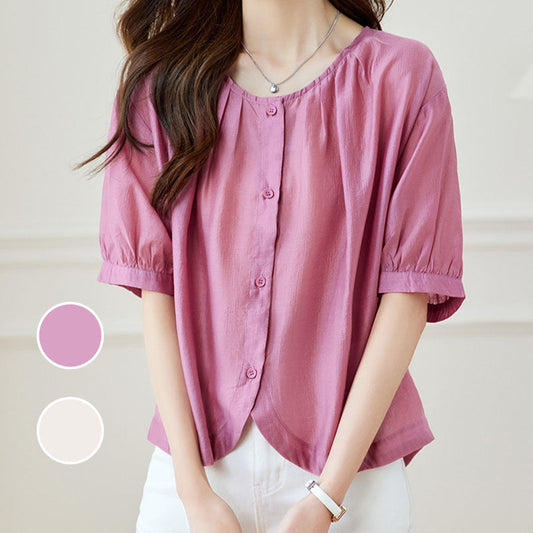 Women's Loose Breathable Round Neck Button-Down Blouse