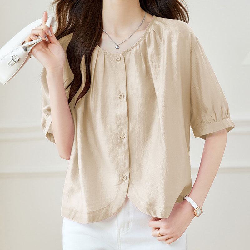 Women's Loose Breathable Round Neck Button-Down Blouse