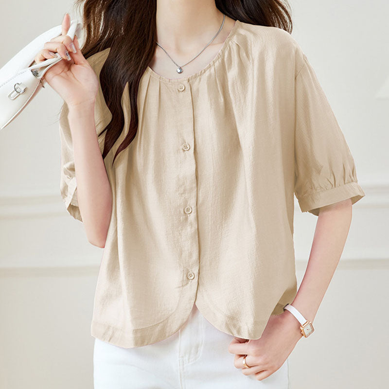 Women's Loose Breathable Round Neck Button-Down Blouse