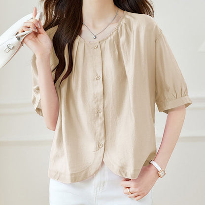 Women's Loose Breathable Round Neck Button-Down Blouse