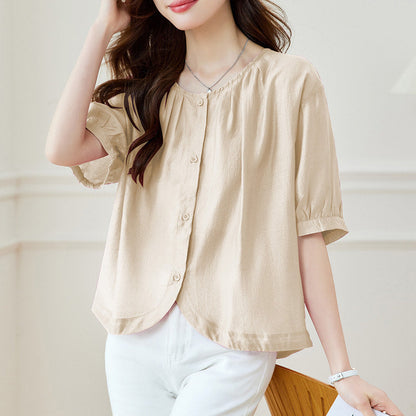 Women's Loose Breathable Round Neck Button-Down Blouse