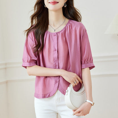 Women's Loose Breathable Round Neck Button-Down Blouse