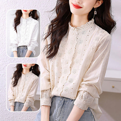 Women's Long-Sleeve Embroidered Blouse with Lace Collar