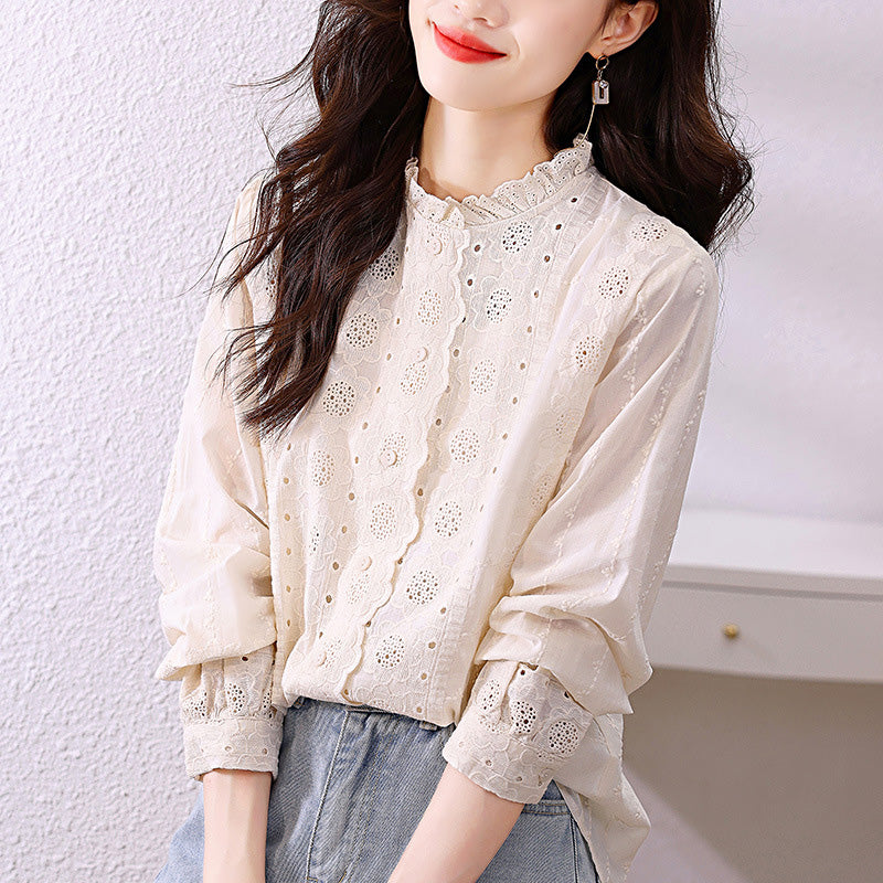 Women's Long-Sleeve Embroidered Blouse with Lace Collar