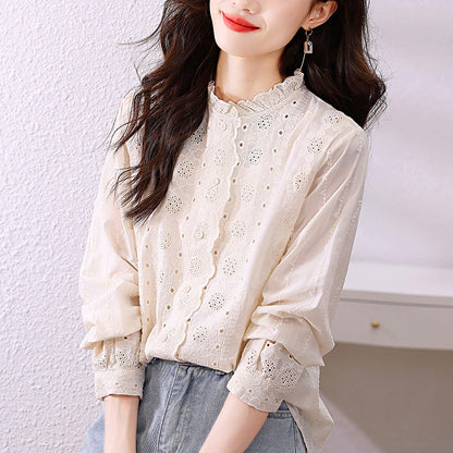 Women's Long-Sleeve Embroidered Blouse with Lace Collar