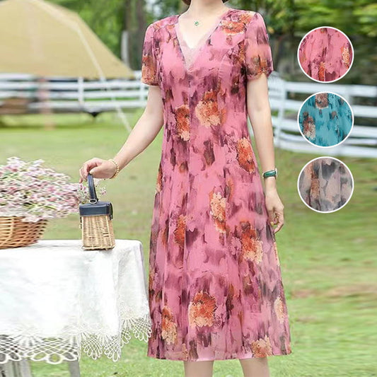 Women’s Elegant Short Sleeve V Neck Flowy Dress