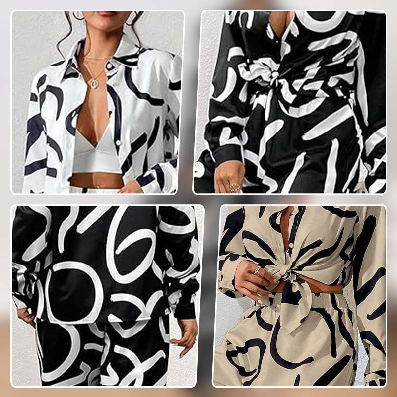 Lapel Print Tops ＆ Wide-Leg Pants 2-Piece Set