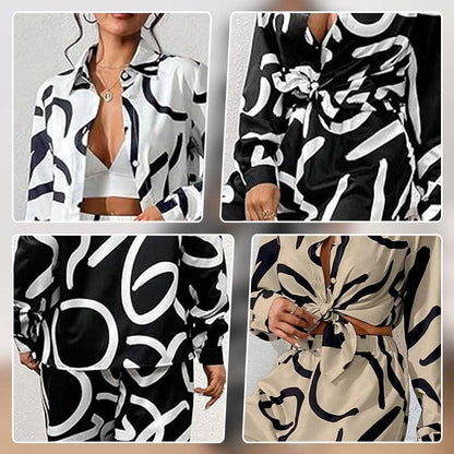 Lapel Print Tops ＆ Wide-Leg Pants 2-Piece Set