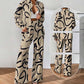 Lapel Print Tops ＆ Wide-Leg Pants 2-Piece Set