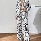 Lapel Print Tops ＆ Wide-Leg Pants 2-Piece Set