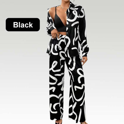 Lapel Print Tops ＆ Wide-Leg Pants 2-Piece Set