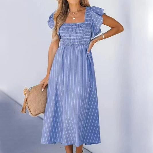 Women’s Elegant Striped Ruffled Midi Dress