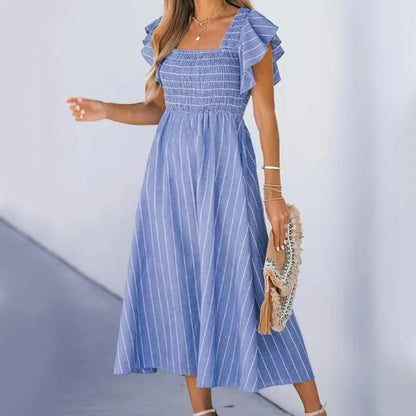 Women’s Elegant Striped Ruffled Midi Dress