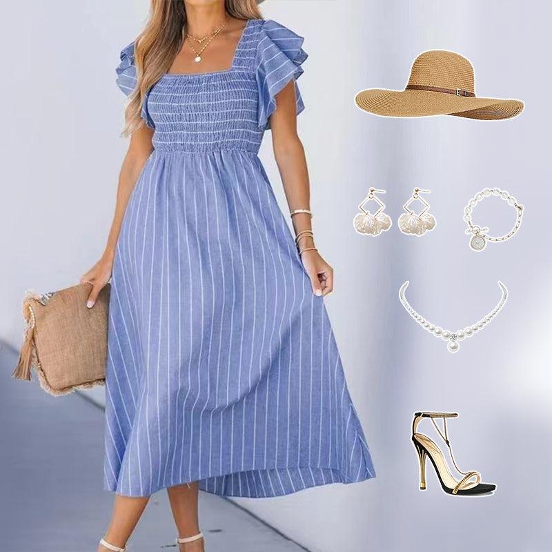 Women’s Elegant Striped Ruffled Midi Dress