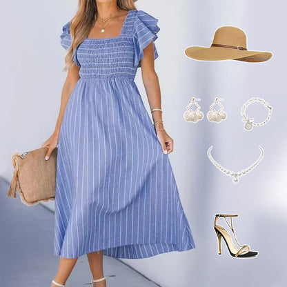 Women’s Elegant Striped Ruffled Midi Dress