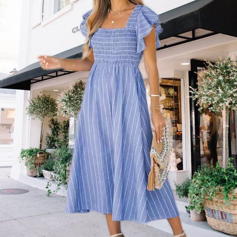 Women’s Elegant Striped Ruffled Midi Dress