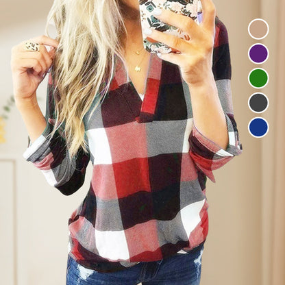 Plaid Print V-Neck Long Sleeve Top