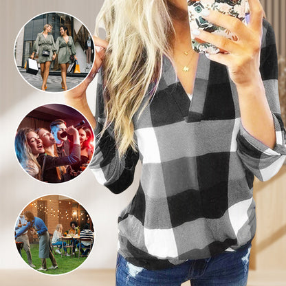 Plaid Print V-Neck Long Sleeve Top