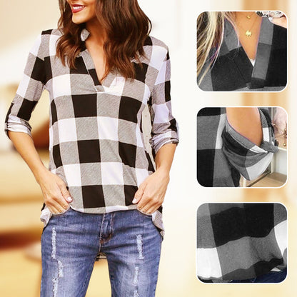 Plaid Print V-Neck Long Sleeve Top