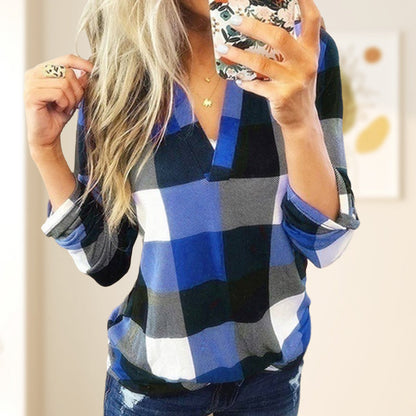 Plaid Print V-Neck Long Sleeve Top