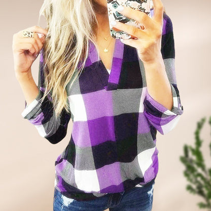 Plaid Print V-Neck Long Sleeve Top