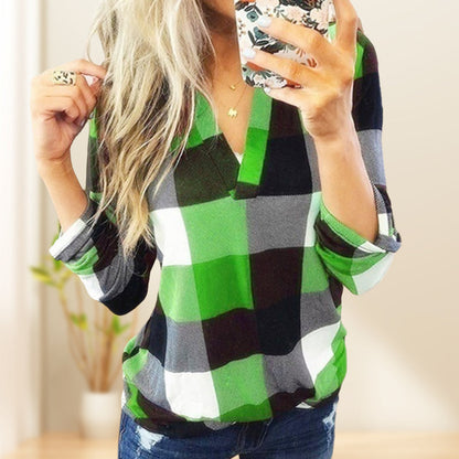 Plaid Print V-Neck Long Sleeve Top