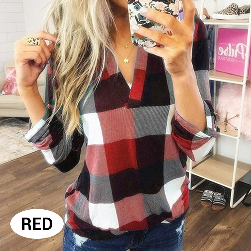 Plaid Print V-Neck Long Sleeve Top