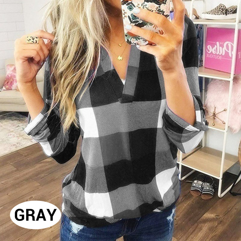 Plaid Print V-Neck Long Sleeve Top