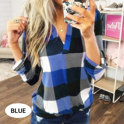 Plaid Print V-Neck Long Sleeve Top
