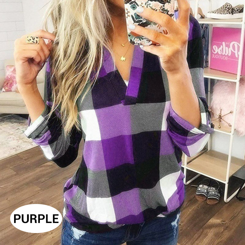 Plaid Print V-Neck Long Sleeve Top