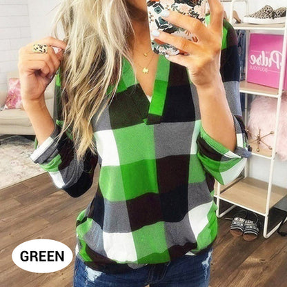 Plaid Print V-Neck Long Sleeve Top