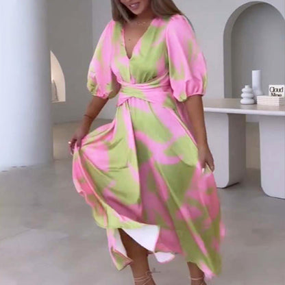 Elegant Color-Blocking V-Neck Waist-Cinching Dress