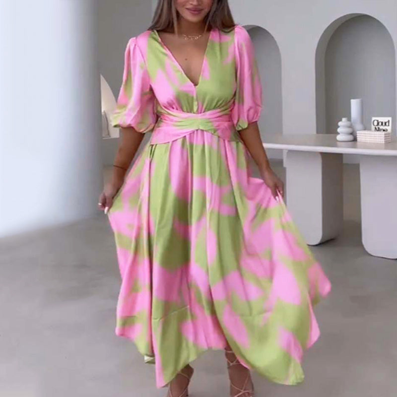 Elegant Color-Blocking V-Neck Waist-Cinching Dress